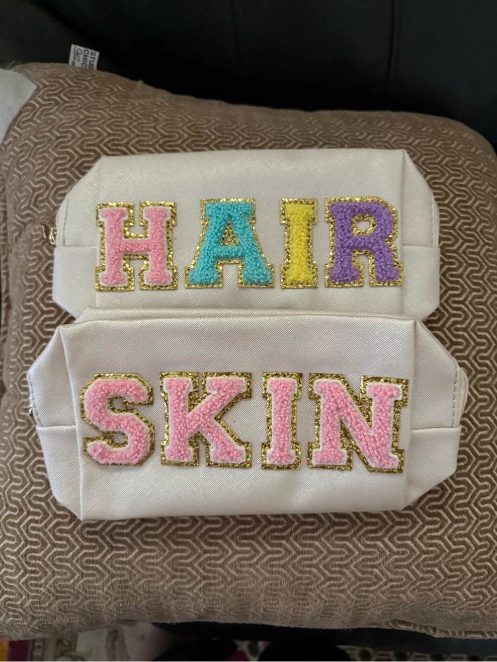 Hair & Skin Embroidered Cosmetic Pouches - Pastel Letters